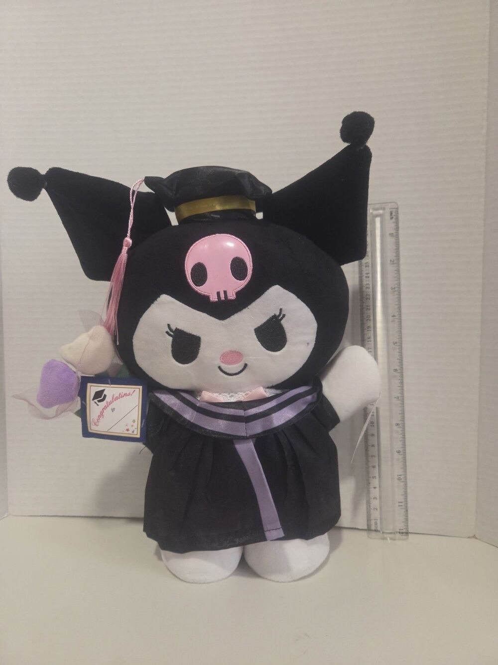 Sanrio Kuromi Graduation Plush Cat Black White Pink Surface Washable w/ Tag